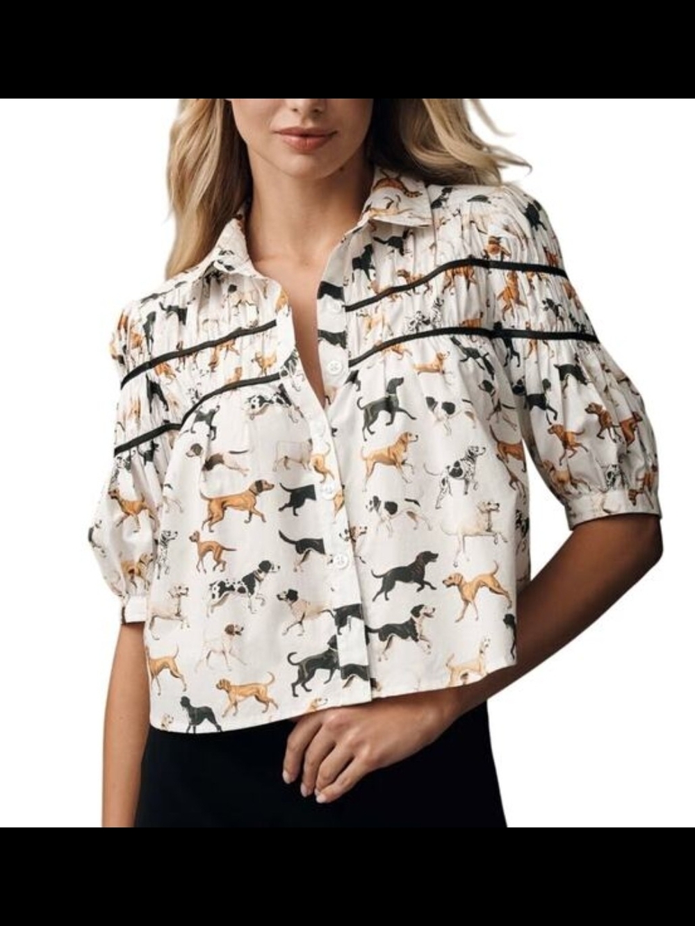 Maeve Anthropologie The Leandra Shirred Yoke Dog Print Blouse XS - NWT